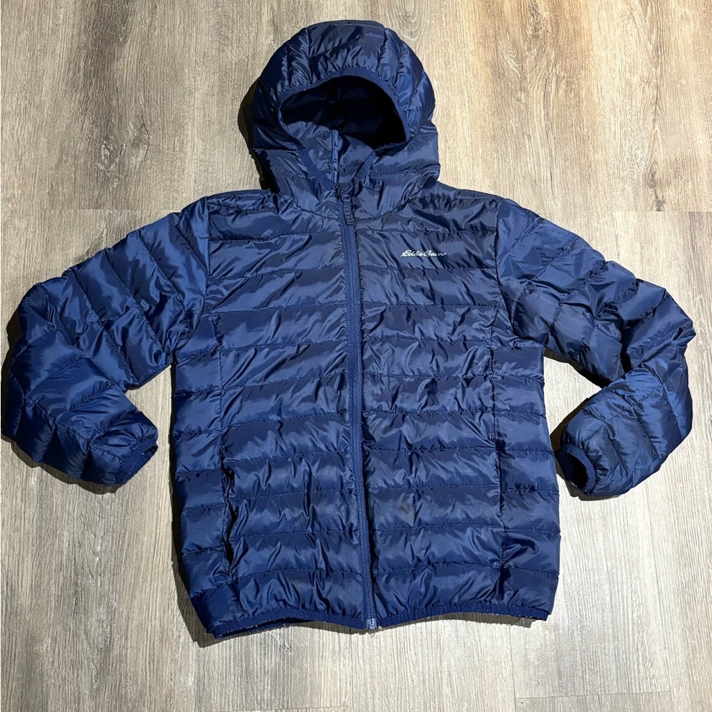 Eddie Bauer Boys 10 12 Blue Hooded Puffer Jacket CIRRUSLITE DOWN HOODED JACKET
